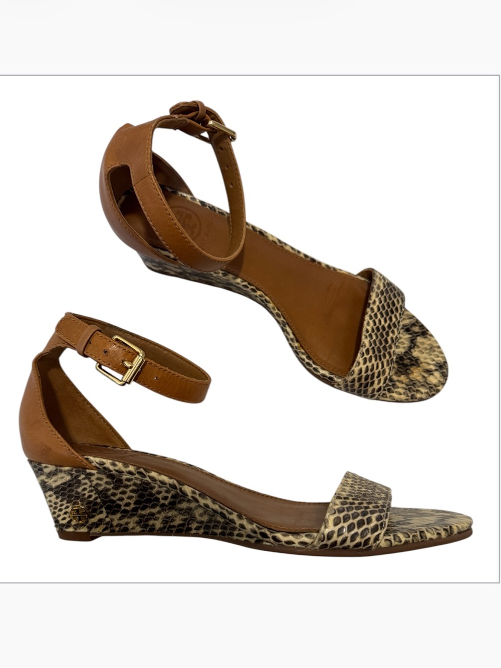 Tory Burch Kitten Heel Snake Print Wedge Sandals Womens 6 Summer Casual Leather